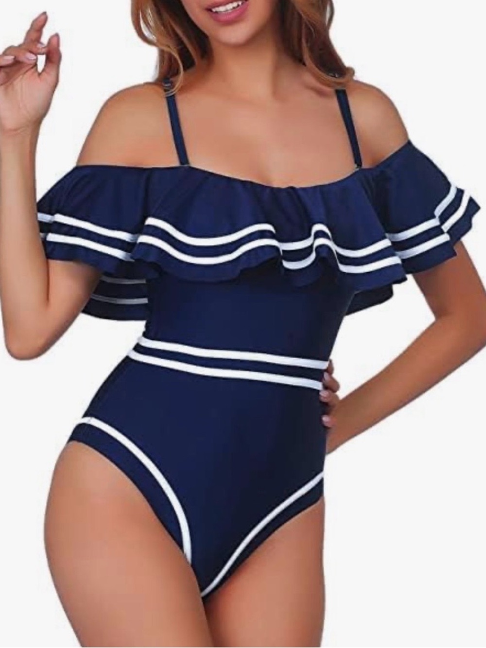 Elegant Taste Navy Blue Ruffled‎ One-Piece Off Shoulder Swimsuit -- XXL